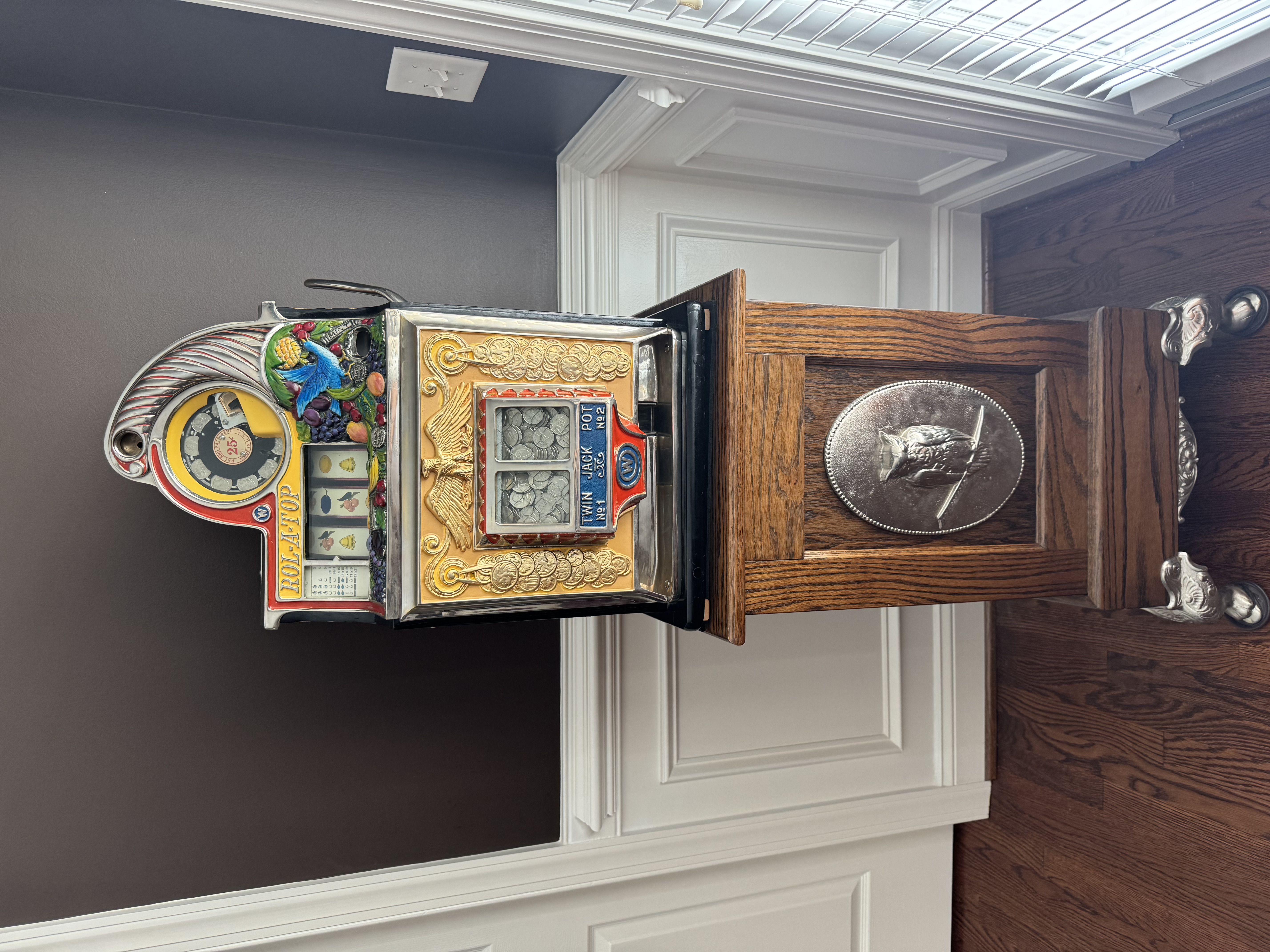 Vintage Watling Rol-A-Top 25c Slot Machine with Wooden Stand